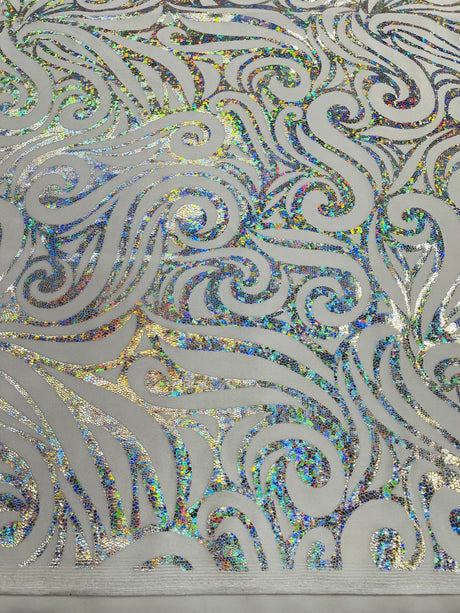 Holographic Foil Tribal Flame Design Stretch Velvet Fabric - Silver/White Tribal Flame Print, 58" Width (1 Yard)