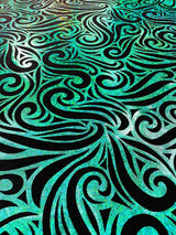 Holographic Foil Tribal Flame Design Stretch Velvet Fabric - Silver/White Tribal Flame Print, 58" Width (1 Yard)