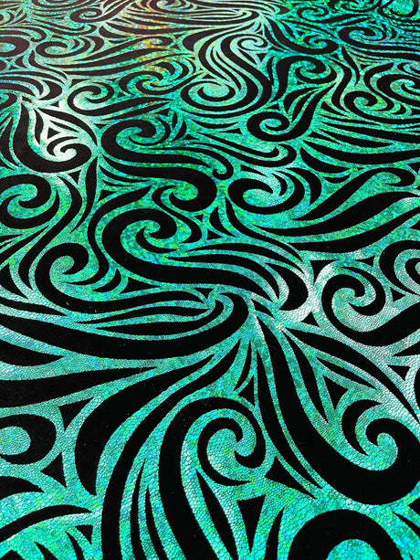 Holographic Foil Tribal Flame Design Stretch Velvet Fabric - Silver/White Tribal Flame Print, 58" Width (1 Yard)