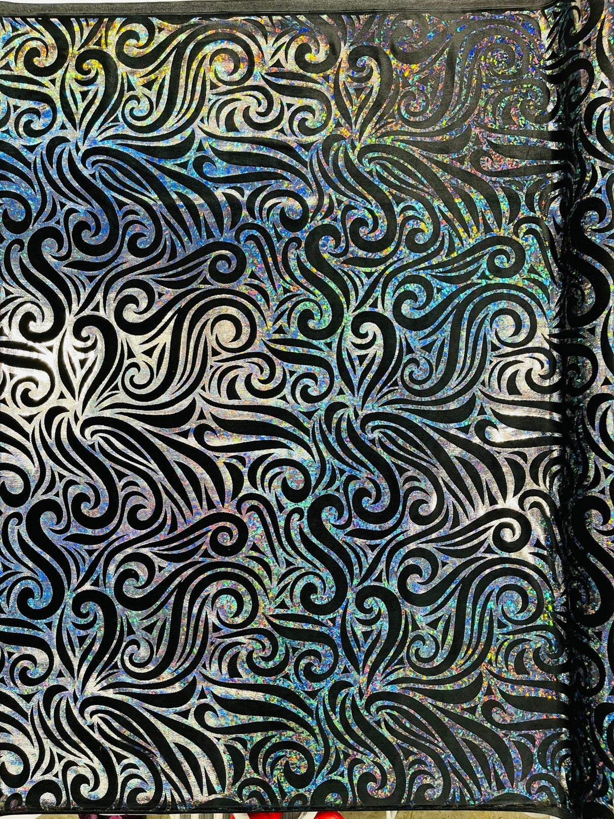Holographic Foil Tribal Flame Design Stretch Velvet Fabric - Silver/White Tribal Flame Print, 58" Width (1 Yard)