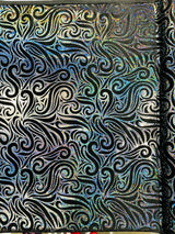 Holographic Foil Tribal Flame Design Stretch Velvet Fabric - Silver/White Tribal Flame Print, 58" Width (1 Yard)