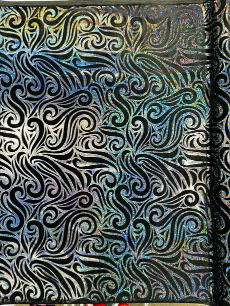 Holographic Foil Tribal Flame Design Stretch Velvet Fabric - Silver/White Tribal Flame Print, 58" Width (1 Yard)