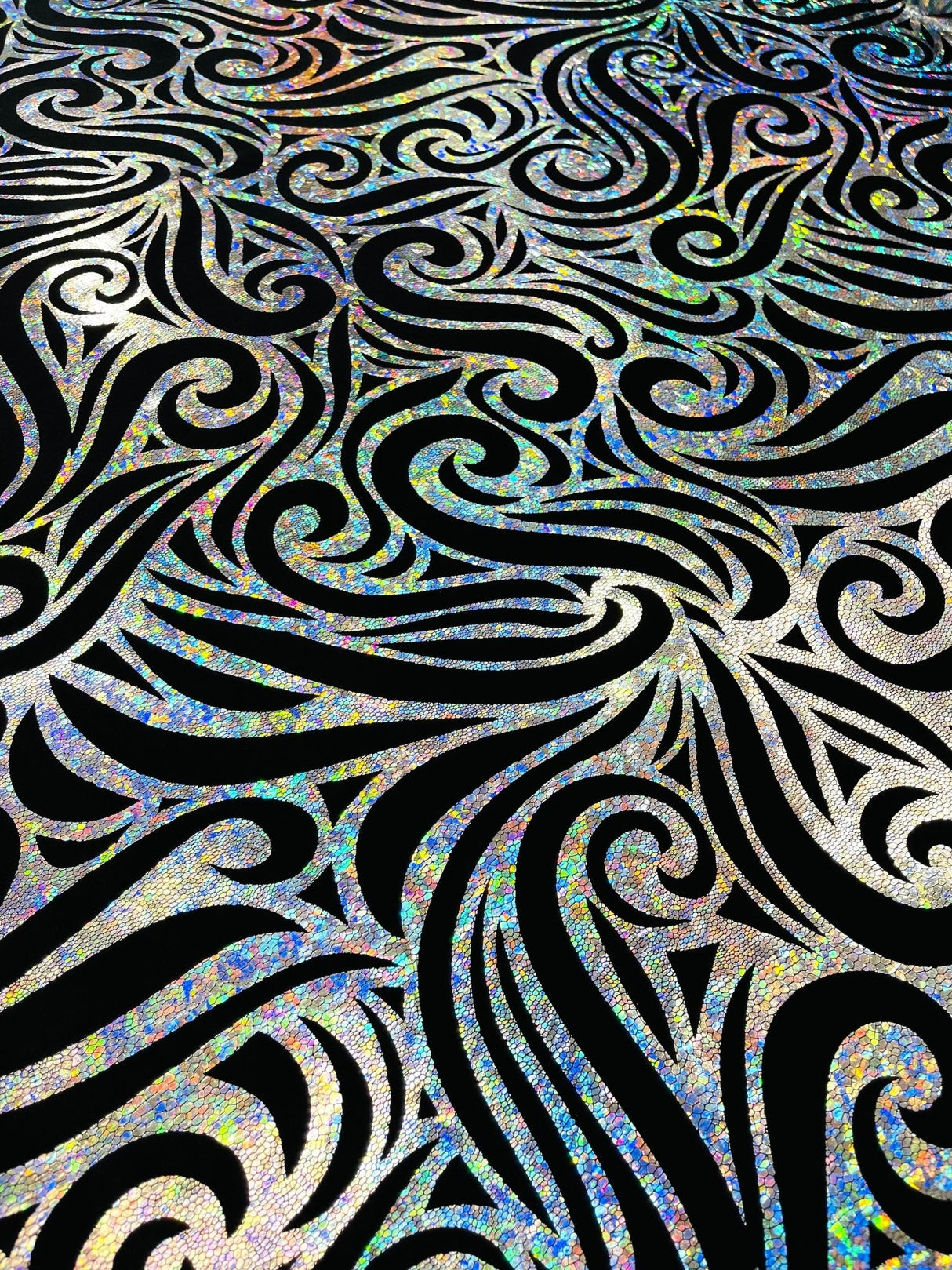 Holographic Foil Tribal Flame Design Stretch Velvet Fabric - Silver/White Tribal Flame Print, 58" Width (1 Yard)