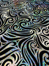 Holographic Foil Tribal Flame Design Stretch Velvet Fabric - Silver/White Tribal Flame Print, 58" Width (1 Yard)