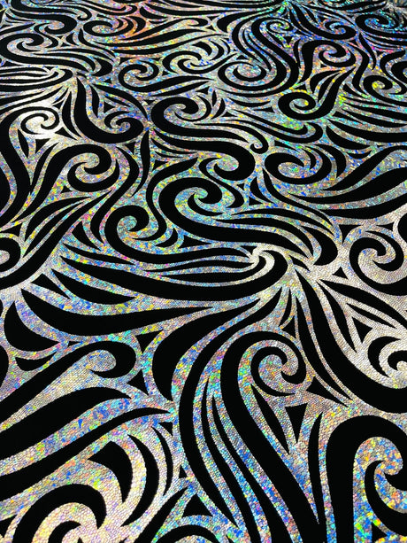 Holographic Foil Tribal Flame Design Stretch Velvet Fabric - Silver/White Tribal Flame Print, 58" Width (1 Yard)