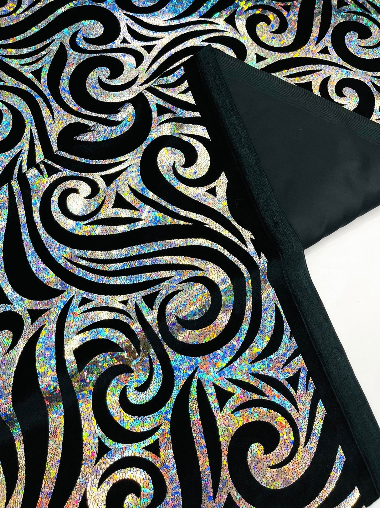 Holographic Foil Tribal Flame Design Stretch Velvet Fabric - Silver/White Tribal Flame Print, 58" Width (1 Yard)