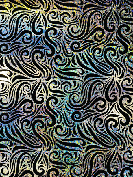 Holographic Foil Tribal Flame Design Stretch Velvet Fabric - Silver/White Tribal Flame Print, 58" Width (1 Yard)