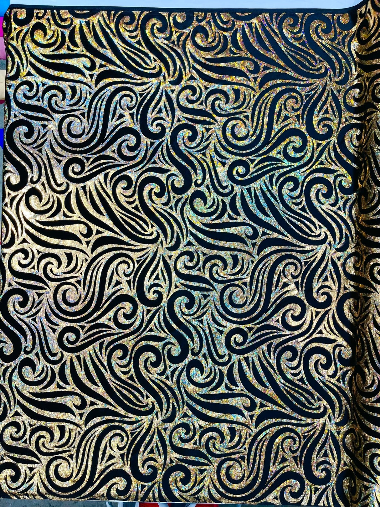 Holographic Foil Tribal Flame Design Stretch Velvet Fabric - Silver/White Tribal Flame Print, 58" Width (1 Yard)