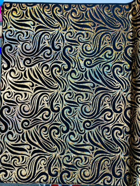 Holographic Foil Tribal Flame Design Stretch Velvet Fabric - Silver/White Tribal Flame Print, 58" Width (1 Yard)