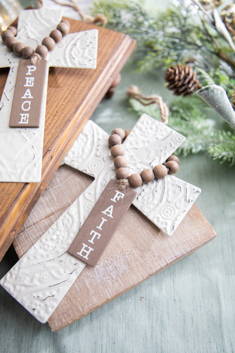 7.5" Embossed Cross With Beads Ornament