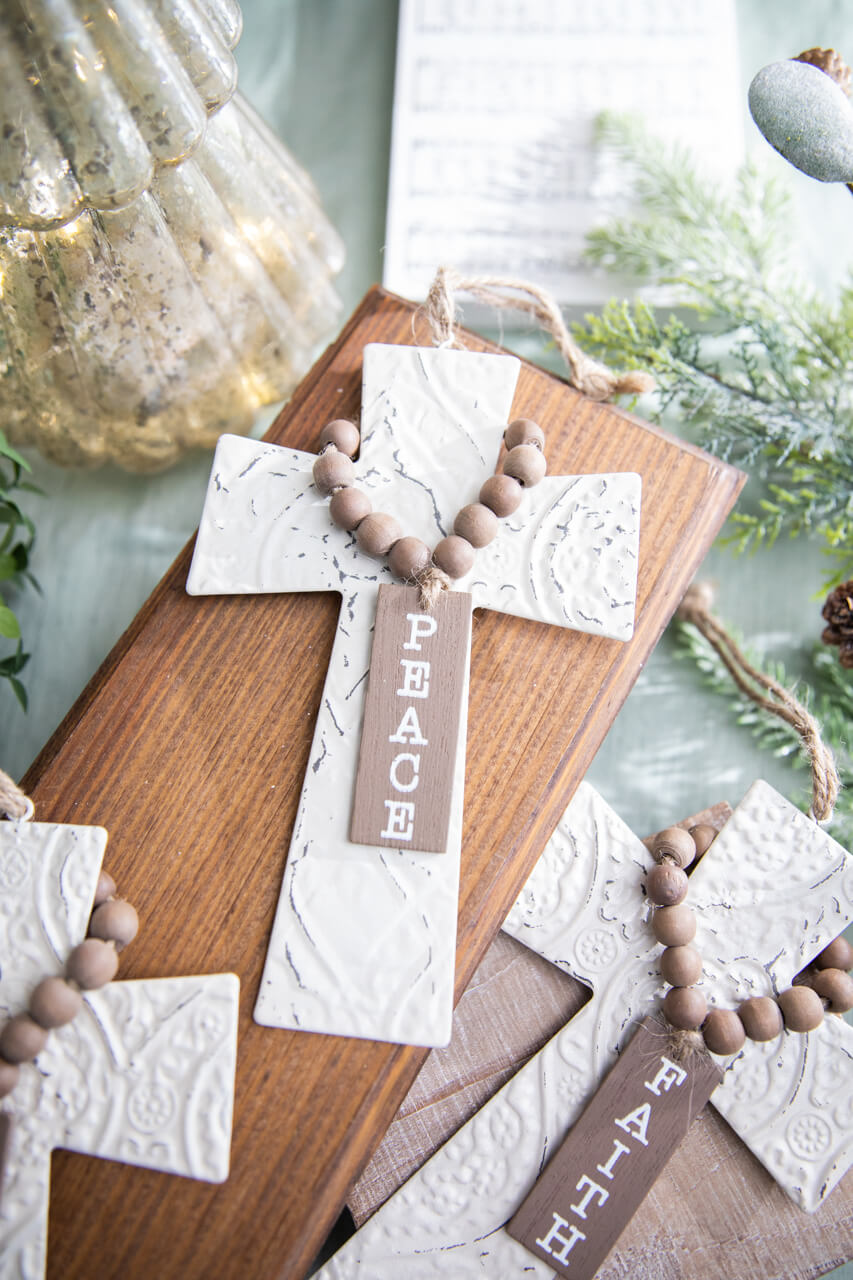 7.5" Embossed Cross With Beads Ornament