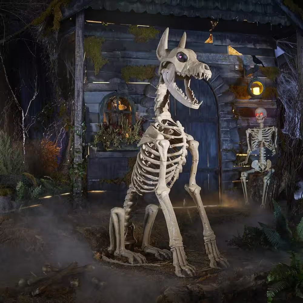 Grave and Bones Skellys Sitting Dog Animated LCD Eyes Halloween Decoration 5 Feet