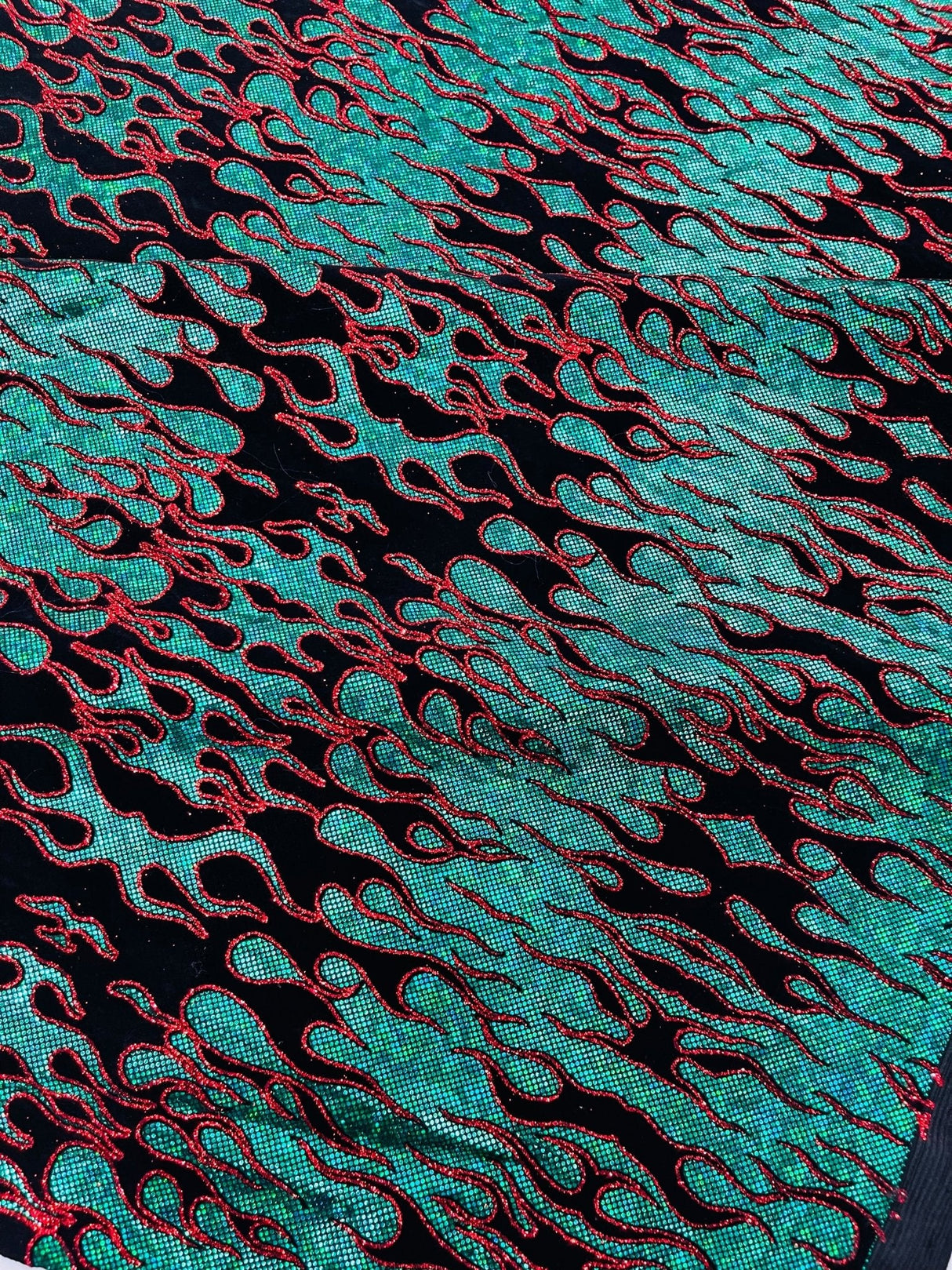 Hot Rod Flame Nylon Spandex Fabric - Holographic Flame Print, 58" Width (1 Yard)