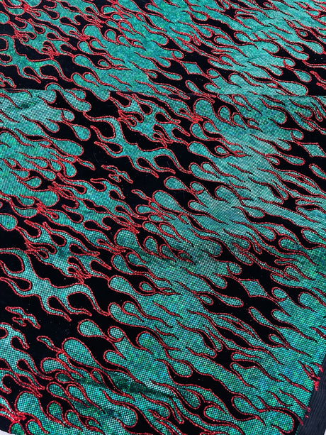 Hot Rod Flame Nylon Spandex Fabric - Holographic Flame Print, 58" Width (1 Yard)