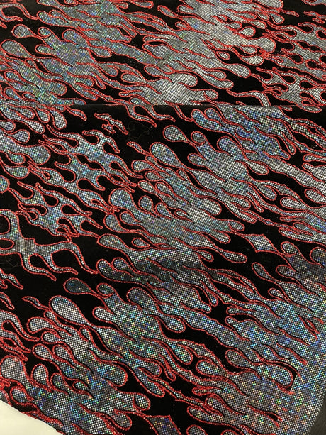 Hot Rod Flame Nylon Spandex Fabric - Holographic Flame Print, 58" Width (1 Yard)
