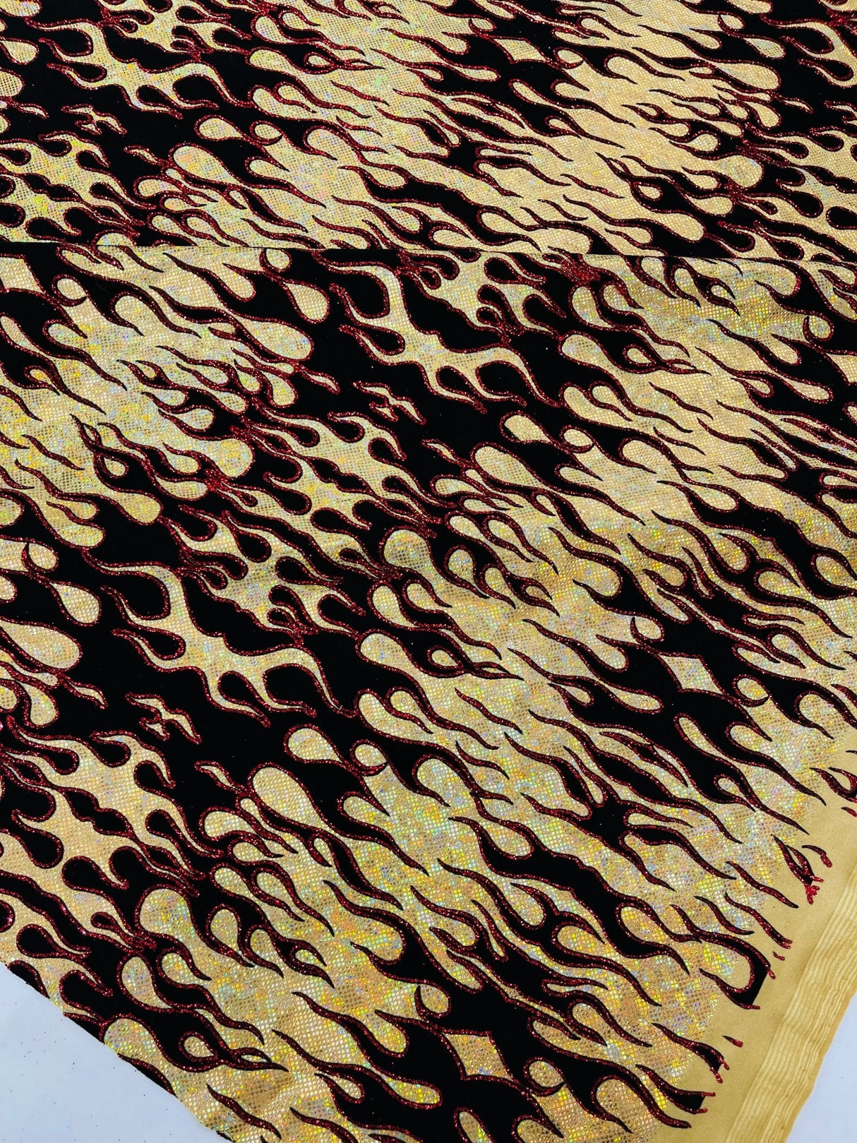 Hot Rod Flame Nylon Spandex Fabric - Holographic Flame Print, 58" Width (1 Yard)