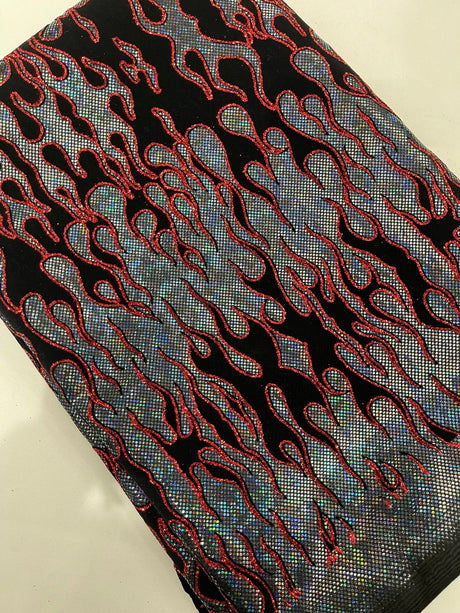 Hot Rod Flame Nylon Spandex Fabric - Holographic Flame Print, 58" Width (1 Yard)