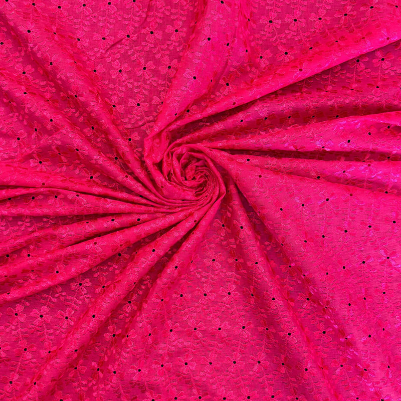 Heavy Eyelet Polyester Cotton Fabric - Hot Pink Floral Embroidery, 41"-42" Width