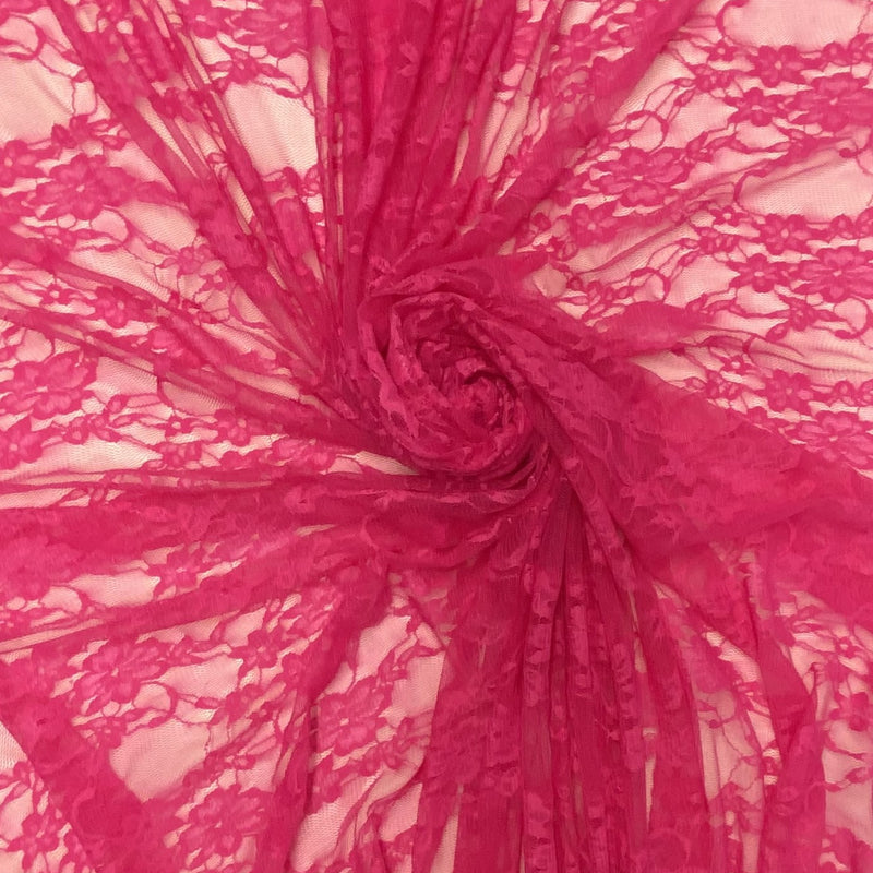 Hot Pink Nylon Spandex Stretch Lace Fabric - Shimmery Floral Sheer, Hot Pink, 58/60" Width (1 Yard)