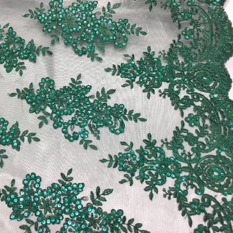 Hunter Green Sequin Lace Fabric With Embroideries On Mesh - Hunter Green Embroidered Sequin Lace Fabric, 54" Width