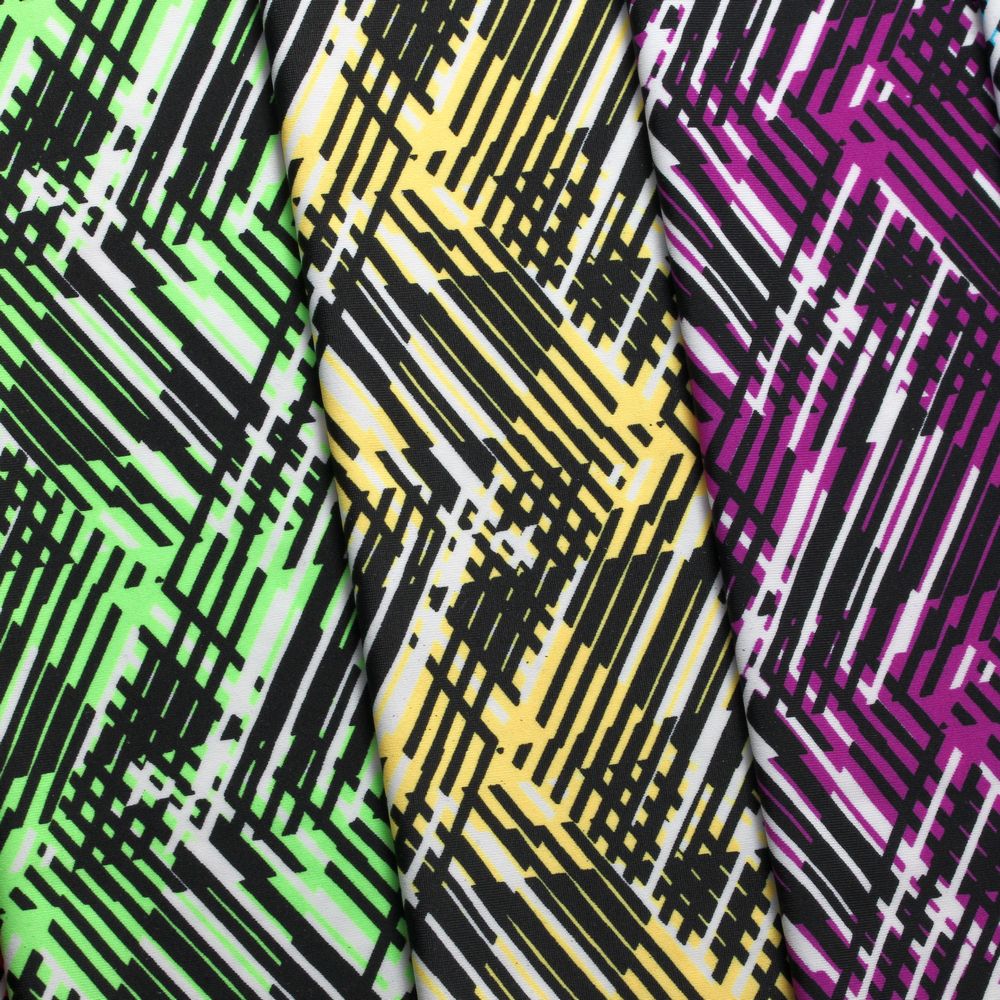 Hyperactive Nylon Spandex Fabric - Geometric Abstract Print, Lime/Black, Turquoise/Black, Yellow/Black, Coral/Black, Purple/Black, 58/60" Width (1 Yard)