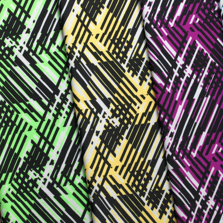 Hyperactive Nylon Spandex Fabric - Geometric Abstract Print, Lime/Black, Turquoise/Black, Yellow/Black, Coral/Black, Purple/Black, 58/60" Width (1 Yard)