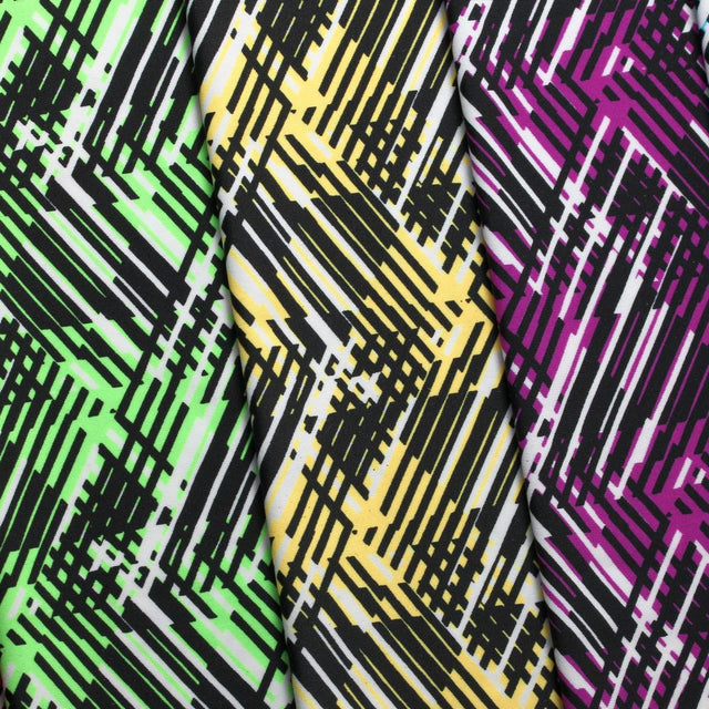 Hyperactive Nylon Spandex Fabric - Geometric Abstract Print, Lime/Black, Turquoise/Black, Yellow/Black, Coral/Black, Purple/Black, 58/60" Width (1 Yard)
