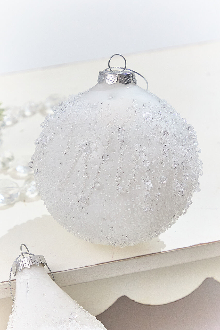 4" - 5.5" Icy Beaded White Glass Ornament
