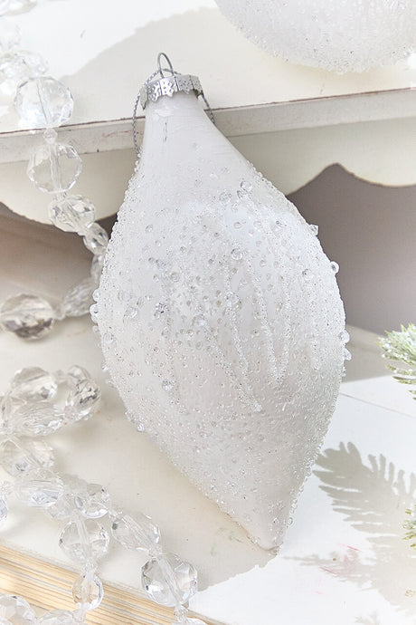 4" - 5.5" Icy Beaded White Glass Ornament