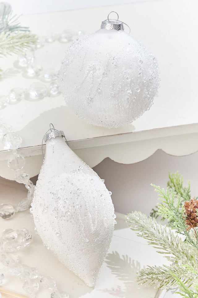 4" - 5.5" Icy Beaded White Glass Ornament