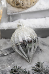 7 Inch Metallic Ridged Iced Kismet Finial Ornament - Silver