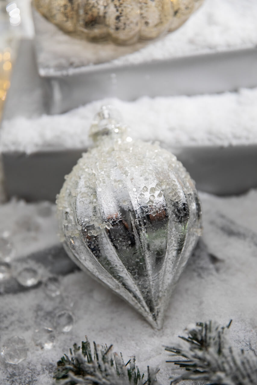 7" Metallic Ridged Iced Kismet Finial Ornament - Silver