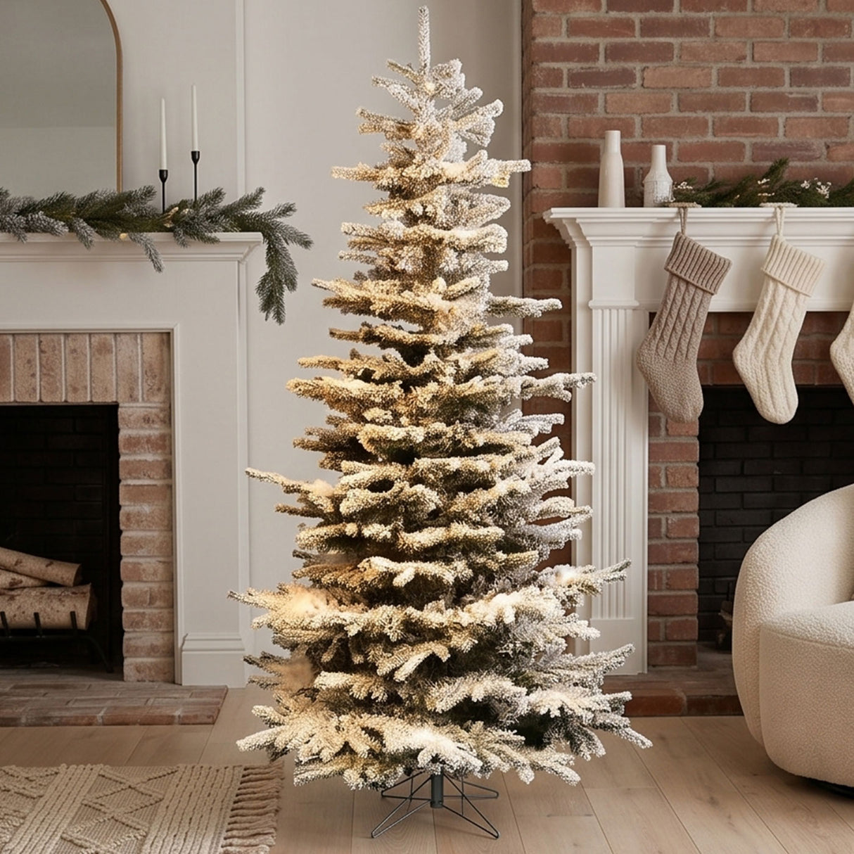 Pre-Lit Snow Flocked Slim Christmas Tree with Warm White LED Lights