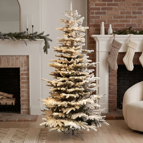 Pre-Lit Snow Flocked Slim Christmas Tree with Warm White LED Lights