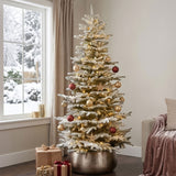 Pre-Lit Slim Snow Flocked Grand Fir Artificial Christmas Tree with Warm White LED Lights and Metal Stand
