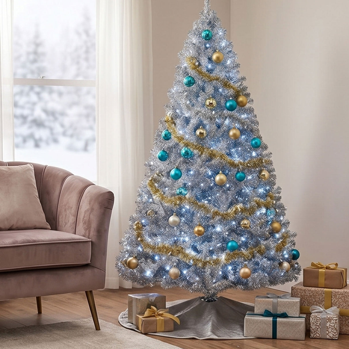 Metallic Silver Tinsel Christmas Tree with Metal Stand