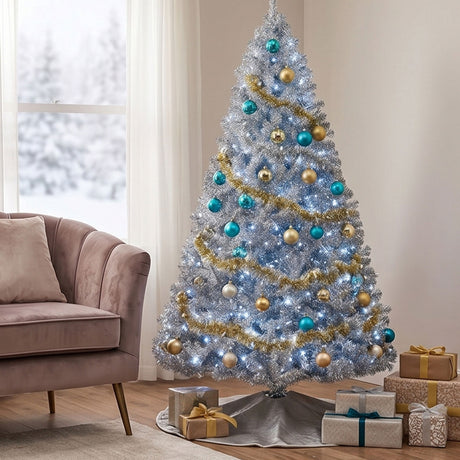 Metallic Silver Tinsel Christmas Tree with Metal Stand