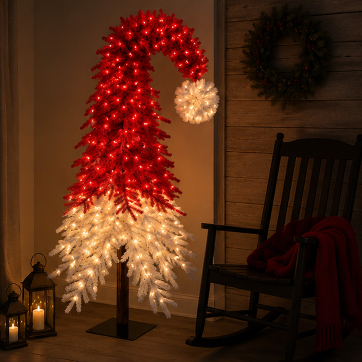 Pre-lit Santa Hat Christmas Tree with Red and Warm White LED Lights and Metal Base