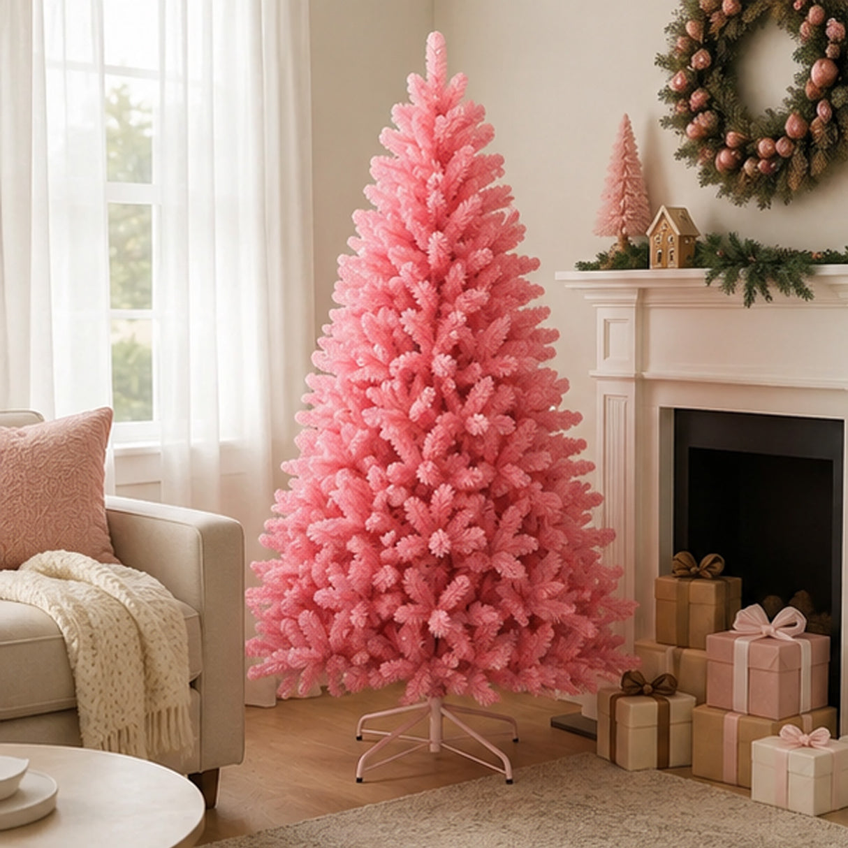6 ft. Light Pink Flocked Kodiak Christmas Tree with Metal Stand