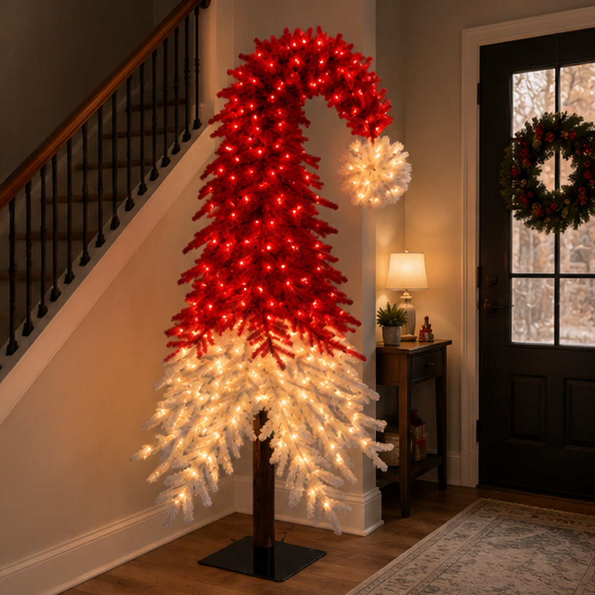 Pre-lit Santa Hat Christmas Tree with Red and Warm White LED Lights and Metal Base