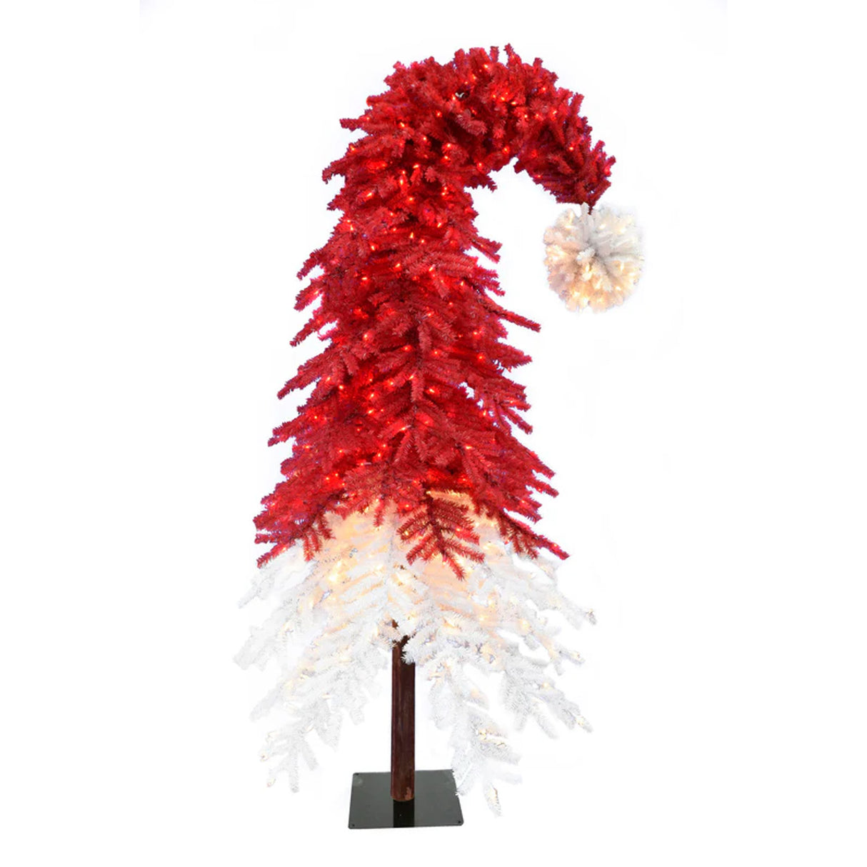 Pre-lit Santa Hat Christmas Tree with Red and Warm White LED Lights and Metal Base