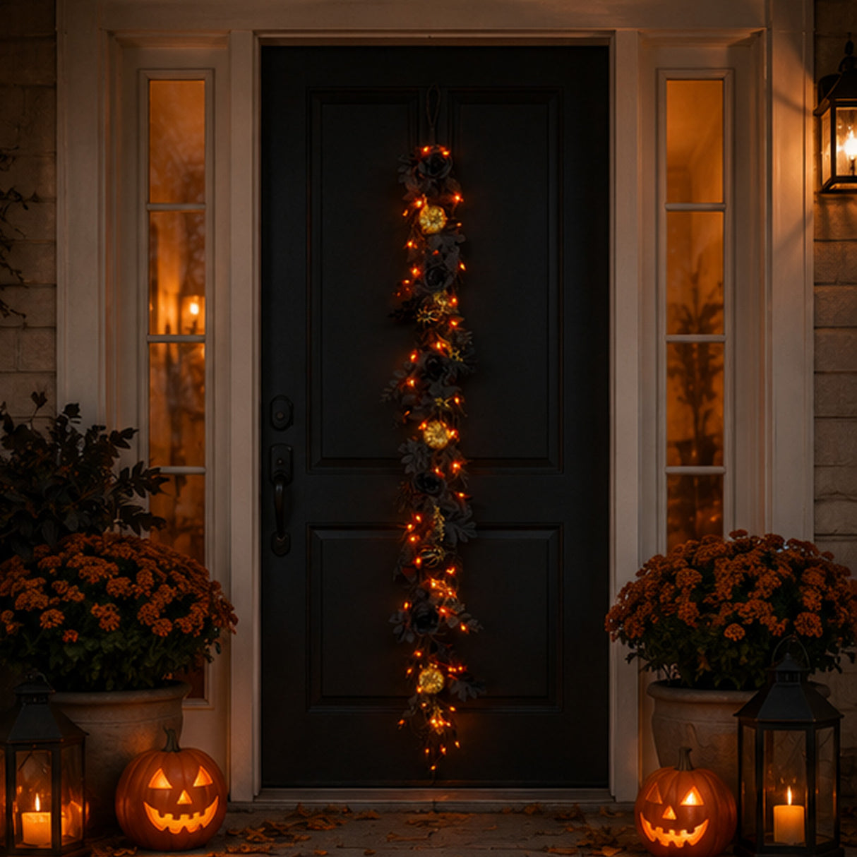 6FT Black & Gold Halloween Garland with 50 Orange LED Lights