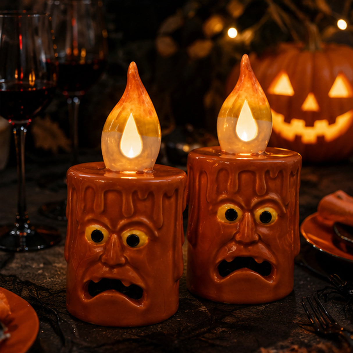 7IN 2-Piece Pre-Lit Halloween Jack Porcelain Candle LED Decor Set