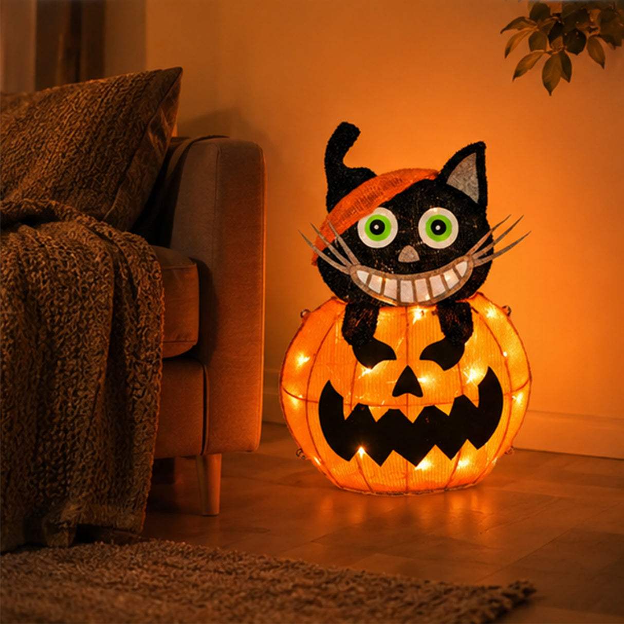 23 in. Halloween Pre-Lit Pumpkin and Black Cat Lighted Sign Decoration with LED Lights
