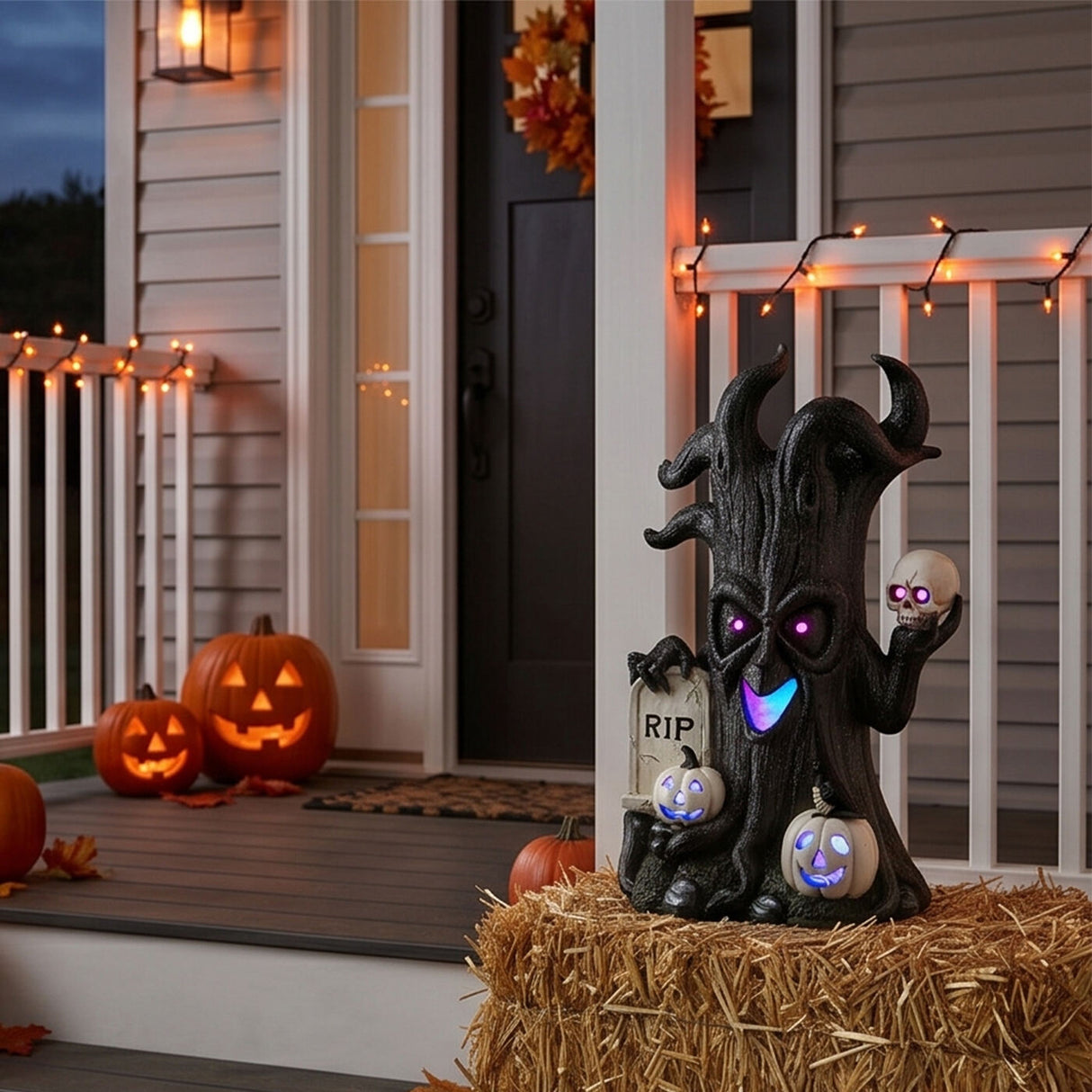 15 in. Halloween Tree Holding Skull and RIP Tombstone with LED Lights