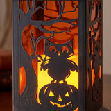 12 in. Halloween Carved Images Lantern with Owls, Pumpkins & Leafless Trees (LED Lights)