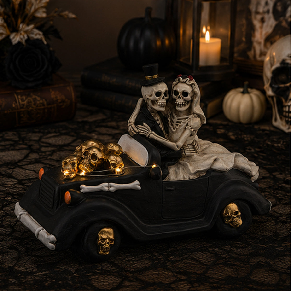 8 in. Halloween Skeleton Bride and Groom in Black Car with LED Lights
