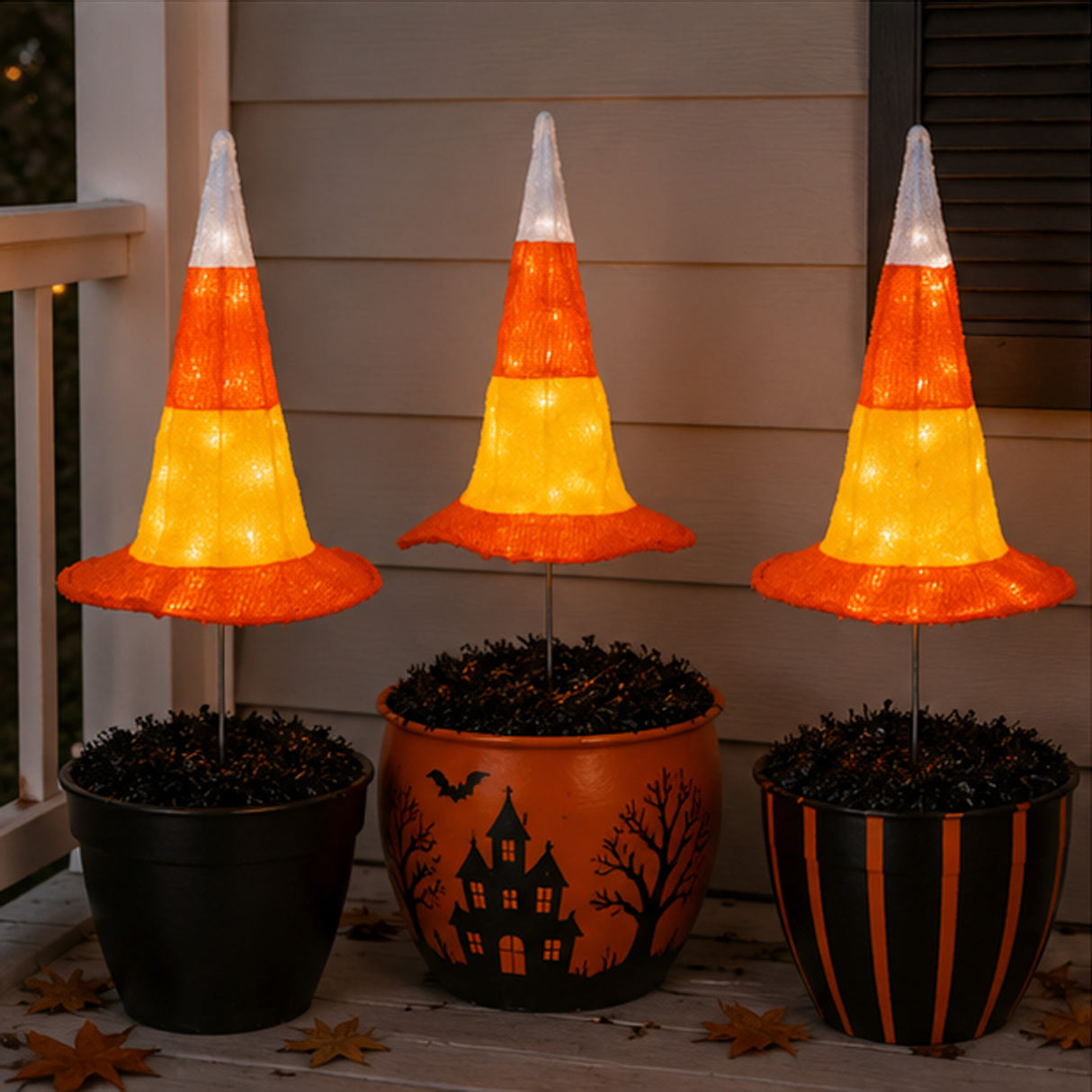 23 in Halloween Candy Corn Witch Hat LED Garden Stake Decor