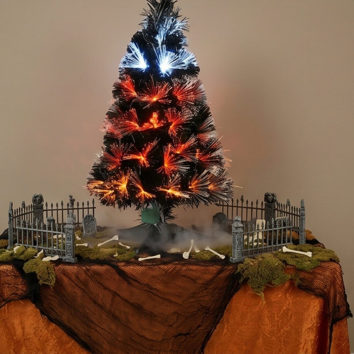 3 ft Black Fiber Optic Halloween Tree Candy Corn LED Plug In