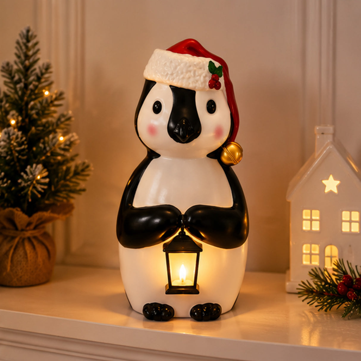 23IN Vintage Penguin Blow Mold Pre-Lit Christmas Decoration with Lantern LED Lights
